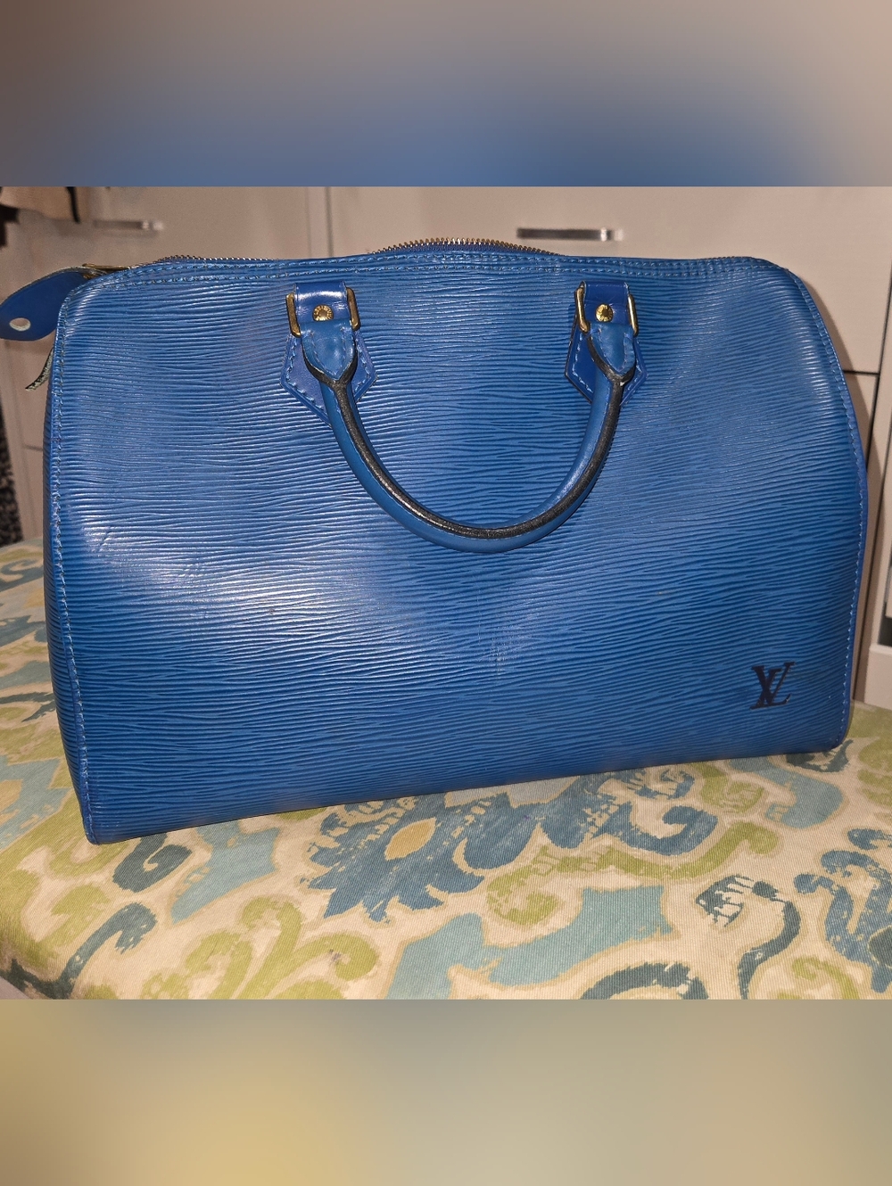 Blue Textured Leather Tote Bag - Classic Women's Handbag
